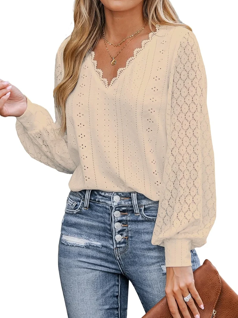 CUPSHE Damen Blusen V-Ausschnitt Spitzen Wellenkante Puffärmel Langarmshirt Lässige Lace Oberteile T