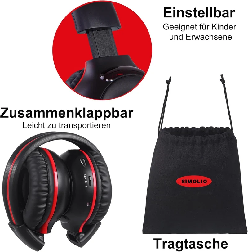 SIMOLIO 2 Stück of Infrarot Kopfhörer für car DVD-Player, 2-Kanal IR Auto Kopfhörer für Kinder, Falt
