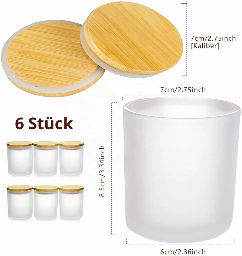 6er-Pack Kerzengläser mit Bambusdeckel (200ml) - 3mm Dickwandiges & Hitzebeständiges Glas - Elegante