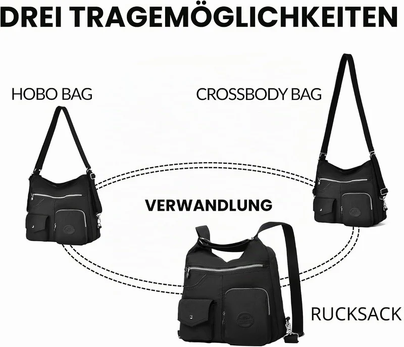 Multipurpose Hobo Purse for Women with Antitheft RFID, Waterproof Nylon Crossbody Bag Shoulder Handb