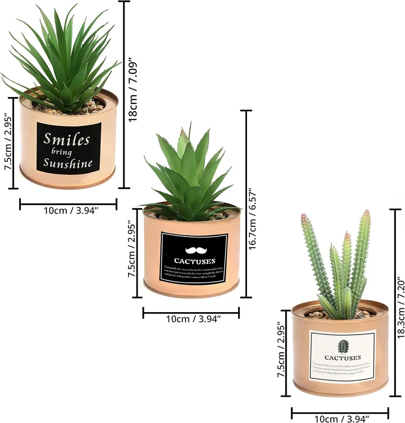 BELLE VOUS 3Stk Künstliche Pflanzen Mini Kunstpflanzen im Topf Grün Kupfer – 10 x 7,5cm Sukkulenten