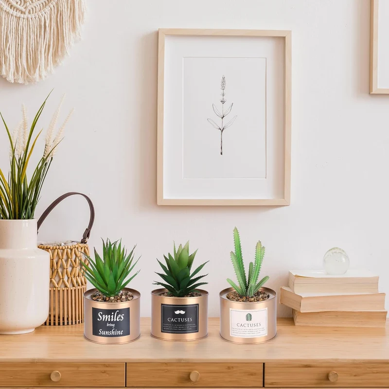 BELLE VOUS 3Stk Künstliche Pflanzen Mini Kunstpflanzen im Topf Grün Kupfer – 10 x 7,5cm Sukkulenten