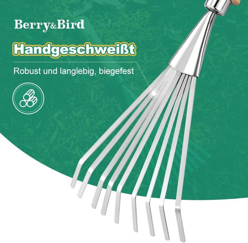 Berry&Bird Hand-Fächerbesen 36,6 cm - Handrechen mit Stiel aus Eschenholz, Gartenwerkzeug mit 9 Flac