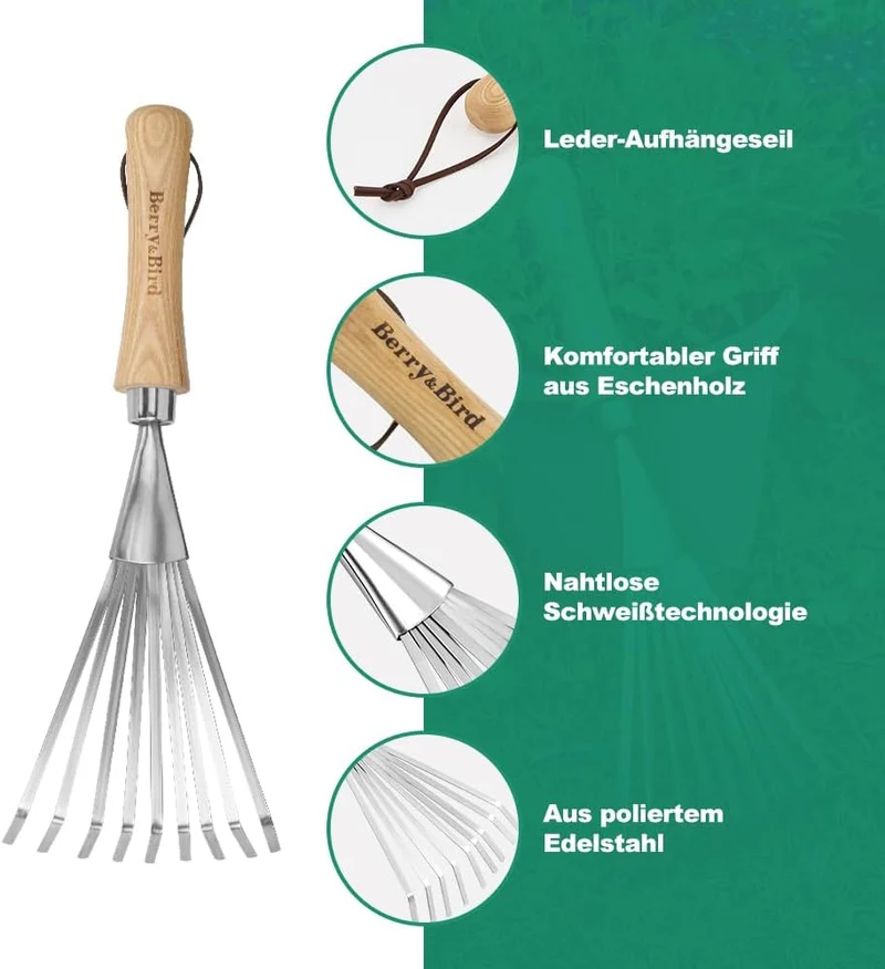 Berry&Bird Hand-Fächerbesen 36,6 cm - Handrechen mit Stiel aus Eschenholz, Gartenwerkzeug mit 9 Flac