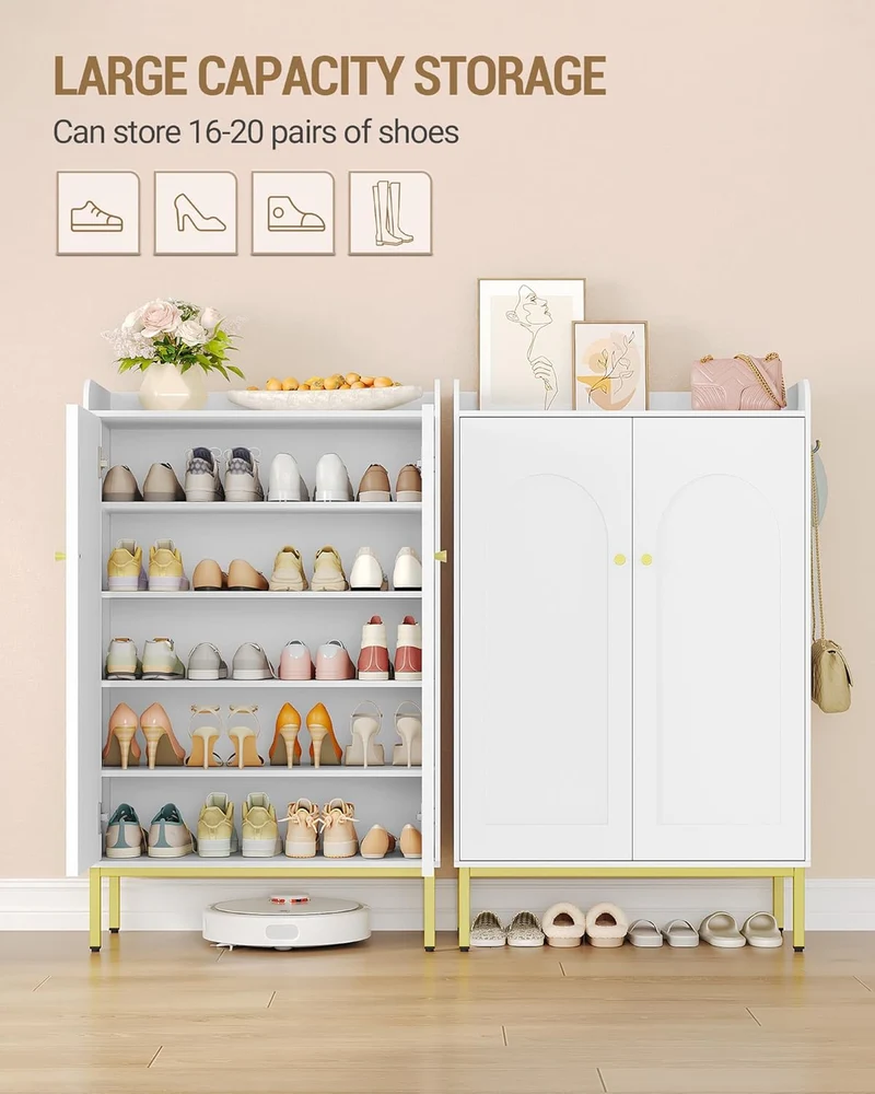 Hzuaneri Schuhschrank, Schuhkommode mit 5 Ebenen, Verstellbare Regalböden, 16-20 Paar, Goldener Grif