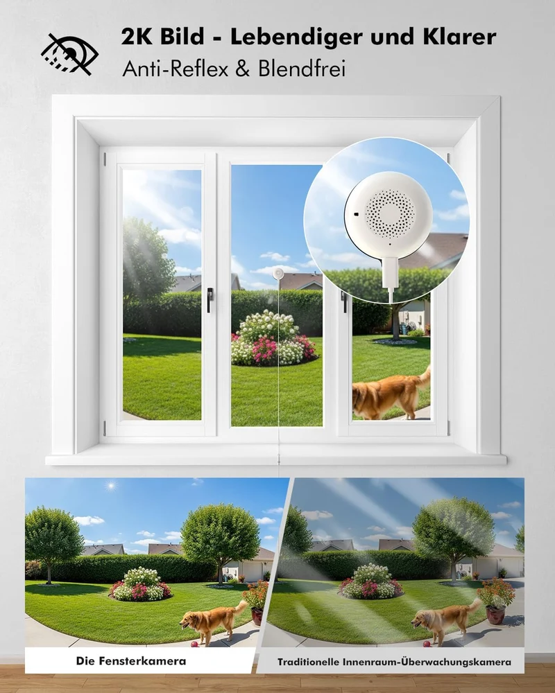 2K Fenster Überwachungskamera Innen, WLAN Kamera Indoor mit Farb-Nachtsicht, Anti-Reflex & Blendschu