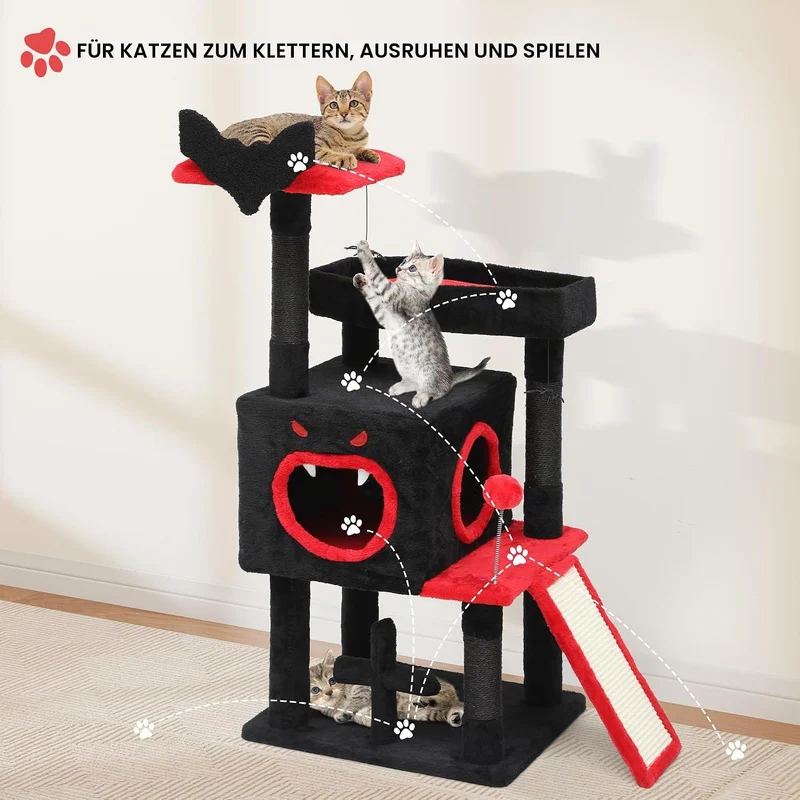 YITAHOME Gothic Kratzbaum, Mehrstöckiger Kratzturm mit Zwei Sitzstangen, Bodenplattform, Kletterramp