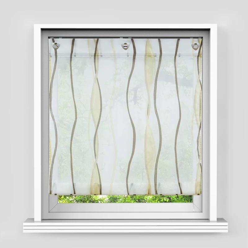 Raffrollo mit Wellen Druck Transparenter Voile Raffgardine Vorhang mit Hakenösen H/B 140/80 cm Creme