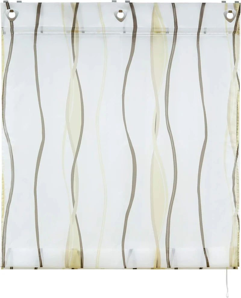 Raffrollo mit Wellen Druck Transparenter Voile Raffgardine Vorhang mit Hakenösen H/B 140/80 cm Creme