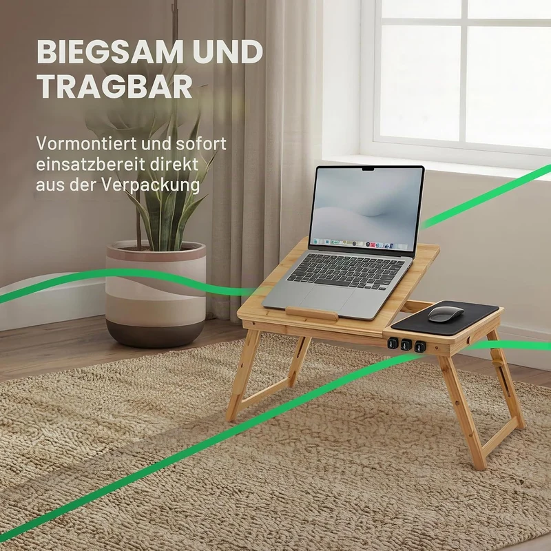 MOVADEK Laptoptisch aus Bambus, höhenverstellbar & klappbar, Betttisch & Notebooktisch mit Schublade