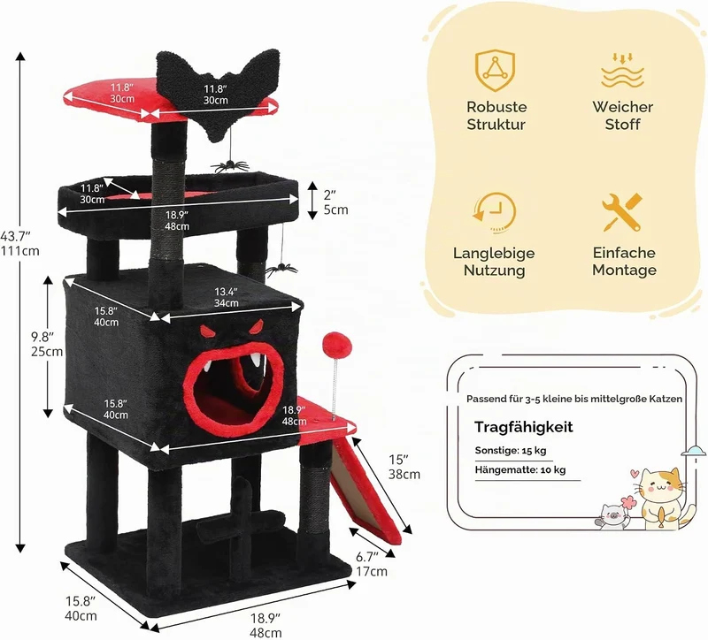 DWVO 111 cm Gothic-Katzenbaum für den Innenbereich mit Sargbett, geräumigem Katzenhaus, hängendem Sp