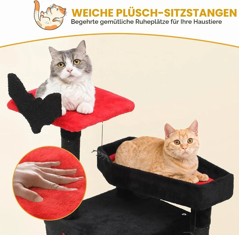 DWVO 111 cm Gothic-Katzenbaum für den Innenbereich mit Sargbett, geräumigem Katzenhaus, hängendem Sp