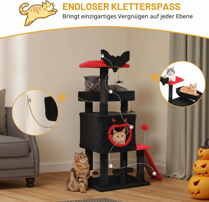 DWVO 111 cm Gothic-Katzenbaum für den Innenbereich mit Sargbett, geräumigem Katzenhaus, hängendem Sp