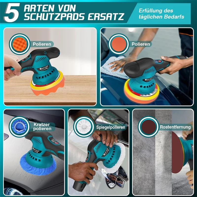 Akku Poliermaschine mit 150mm Polierschwamm, Exzenter Poliermaschine mit 8 Variable Geschwindigkeit,