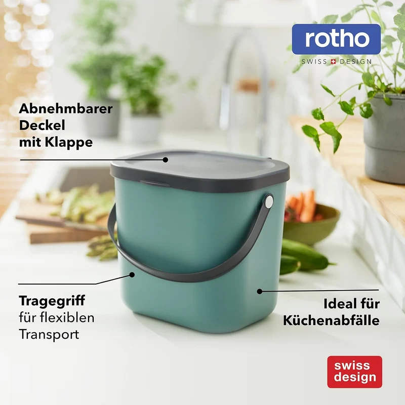 Rotho Albula 2er-Set Biomülleimer 6l mit Deckel und Henkel für die Küche, Kunststoff (PP) BPA-frei,