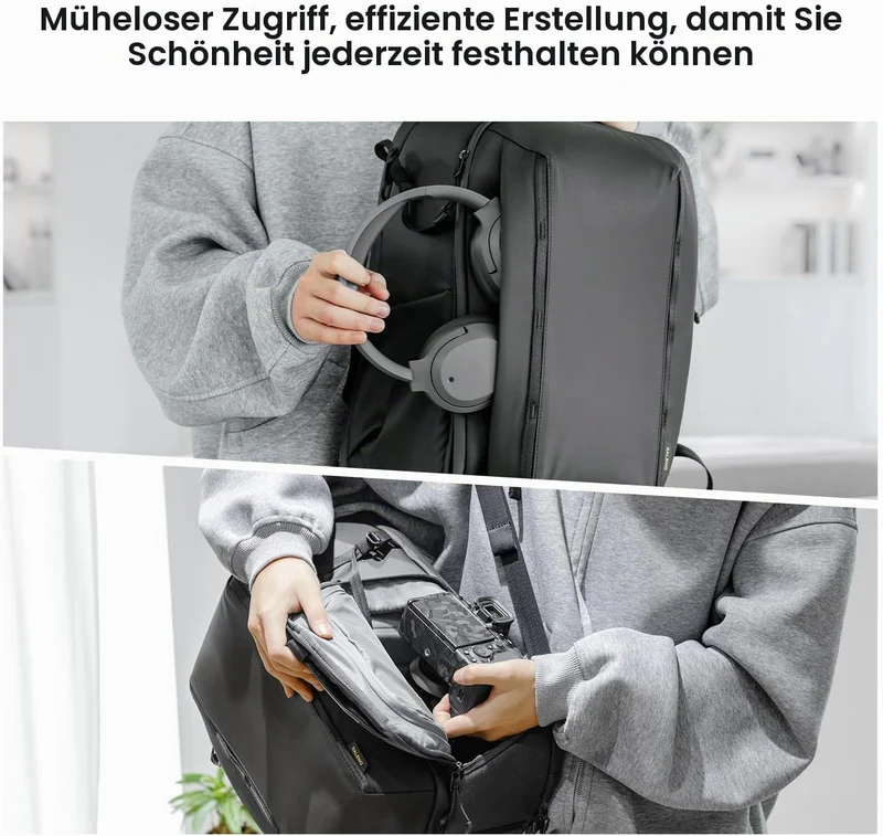 RaLeno Wasserdichter Kamerarucksack,25L+5L(erweiterbares Vorderfach) Fotorucksack, Seitentaschen mit