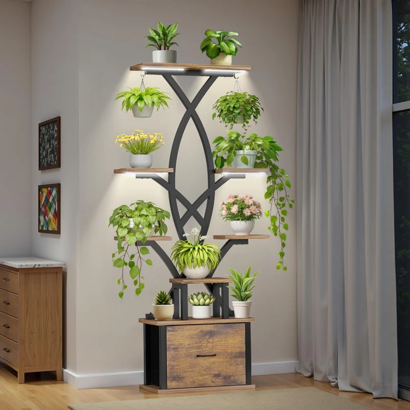 Pflanzenständer mit Wachstumslicht - 165cm Hoher Blumenständer mit Schublade, 8 Ebenen Blumenregal M