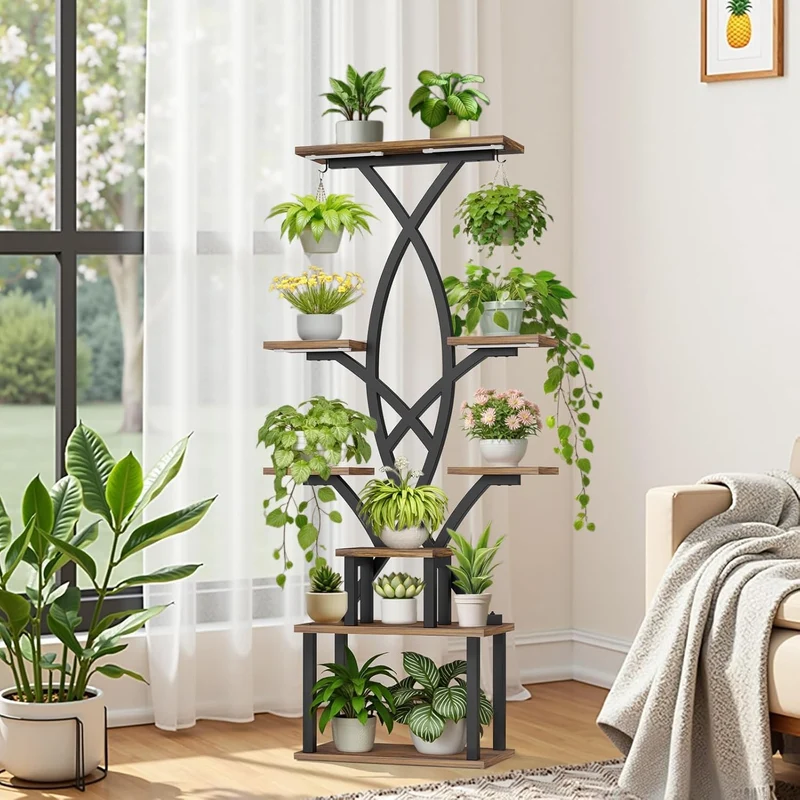 Pflanzenständer mit Wachstumslicht - 165cm Hoher Blumenständer mit Schublade, 8 Ebenen Blumenregal M