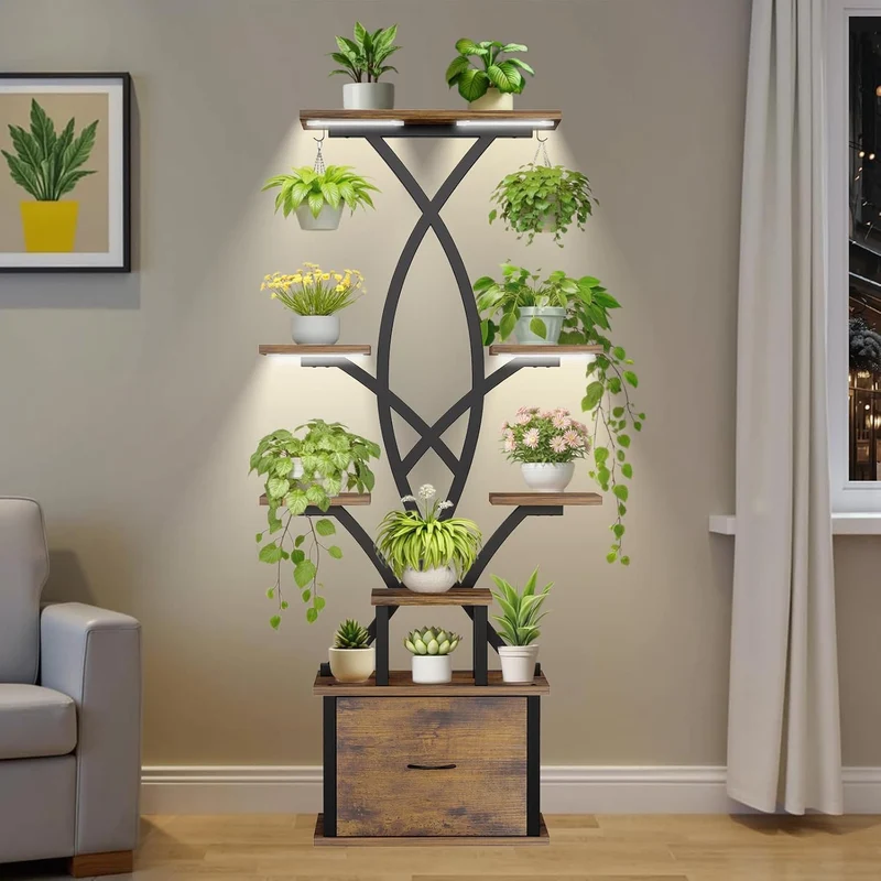 Pflanzenständer mit Wachstumslicht - 165cm Hoher Blumenständer mit Schublade, 8 Ebenen Blumenregal M