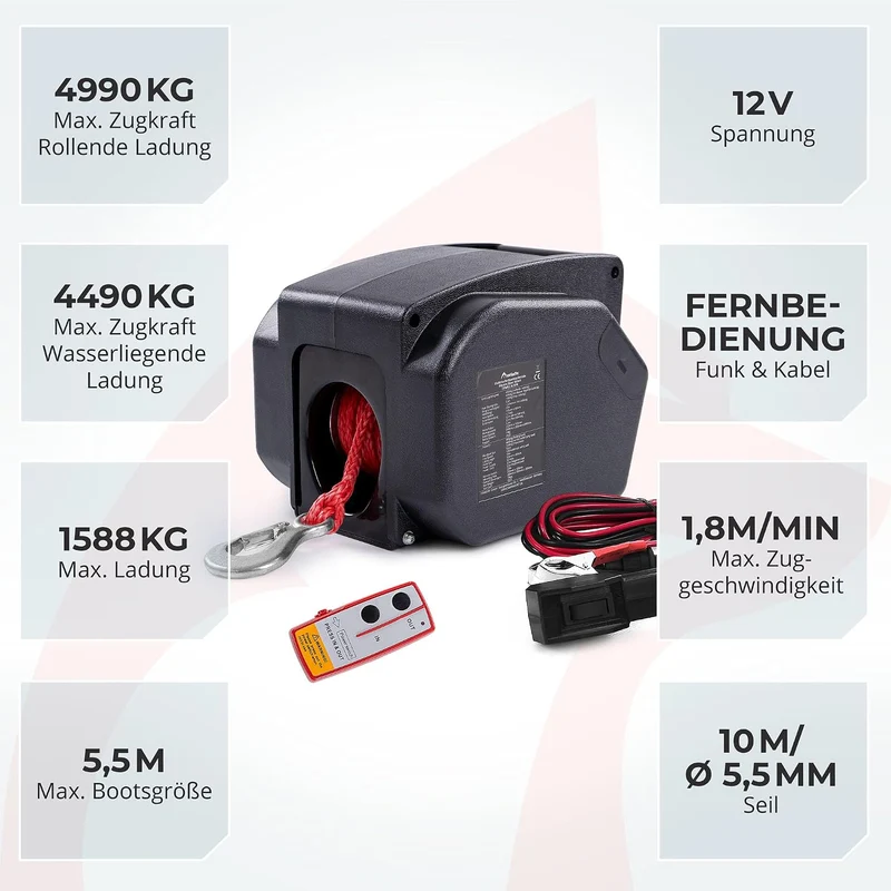 ROTFUCHS Elektrische Seilwinde 12v für Bootstrailer mit Funkfernbedienung – 4990 Kg Zugkraft, Bootsw