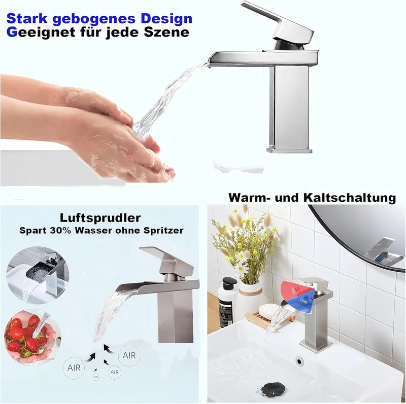 Wasserfall-Badezimmerarmatur, Badezimmerarmatur aus Edelstahl und Messing, Wassersparend, Waschtisch