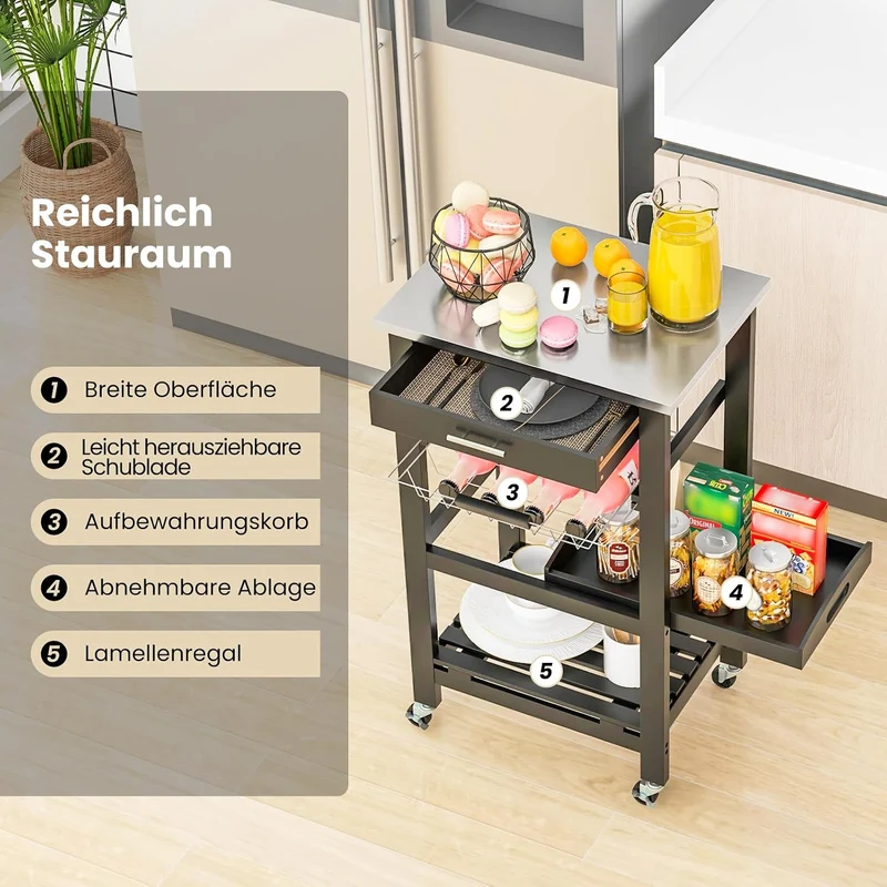 GOPLUS Servierwagen auf Rollen, Rollwagen mit Stahl-Arbeitsplatte, Küchenwagen mit Schublade & Ablag