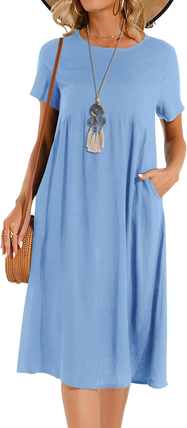 Sommerkleid Damen Leinen Kleider Casual V-Ausschnitt Midikleid Kurzarm A-Linie Kleid Strandkleid Ohn