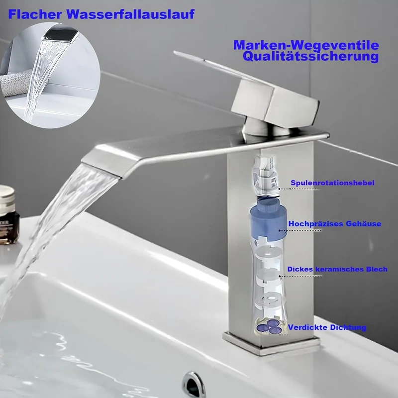 Wasserfall-Armatur für Badezimmer, Einhebelmischer für Waschbecken, Wassersparend, Waschbeckenarmatu