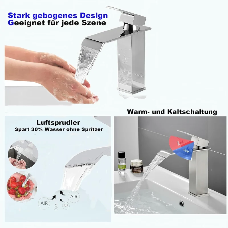 Wasserfall-Armatur für Badezimmer, Einhebelmischer für Waschbecken, Wassersparend, Waschbeckenarmatu