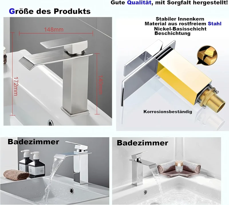 Wasserfall-Armatur für Badezimmer, Einhebelmischer für Waschbecken, Wassersparend, Waschbeckenarmatu