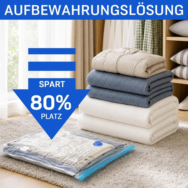 6 Stück Vakuumbeutel für Bettdecken 6 JUMBO (100 x 80cm), Vakuumierbeutel Kleidung, Vakuum Kleiderbe
