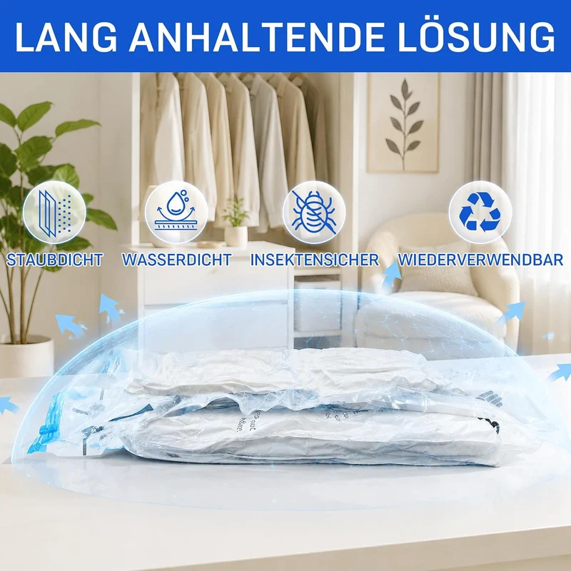 6 Stück Vakuumbeutel für Bettdecken 6 JUMBO (100 x 80cm), Vakuumierbeutel Kleidung, Vakuum Kleiderbe