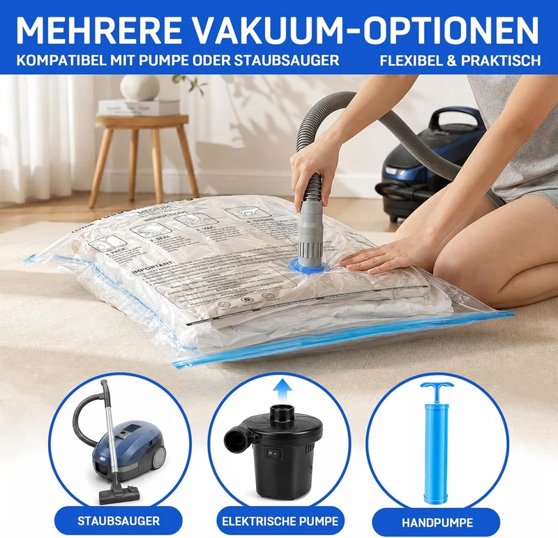 6 Stück Vakuumbeutel für Bettdecken 6 JUMBO (100 x 80cm), Vakuumierbeutel Kleidung, Vakuum Kleiderbe