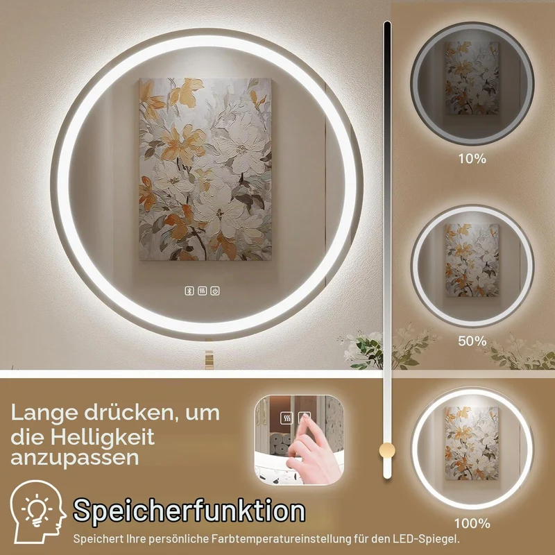 Badspiegel Mit Beleuchtung Rund 70cm, Badezimmerspiegel Mit Beleuchtung Bluetooth Spiegel, Antibesch