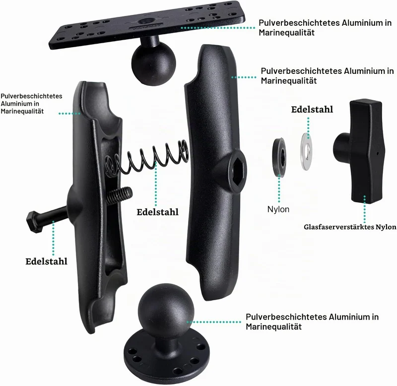 Fischfinderhalterung mit 1,5 Zoll, C-Grösse, 38mm Kugel, Schwarz, Verstellbare Montagehalterung, Kom