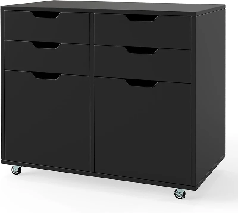GOPLUS Rollcontainer mit 4 Schubladen, mobiler Aktenschrank mit 2 Türen, Büroschrank mit Rollen, Bür