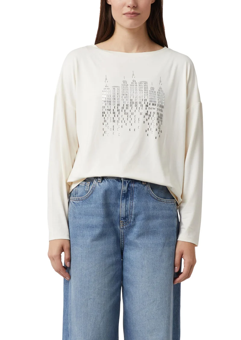 Comma Langarmshirt mit Frontprint und Strassdetails 34 04l0_creme, 34 04l0_creme