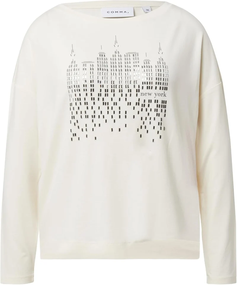 Comma Langarmshirt mit Frontprint und Strassdetails 34 04l0_creme, 34 04l0_creme