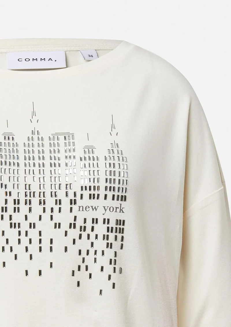 Comma Langarmshirt mit Frontprint und Strassdetails 34 04l0_creme, 34 04l0_creme