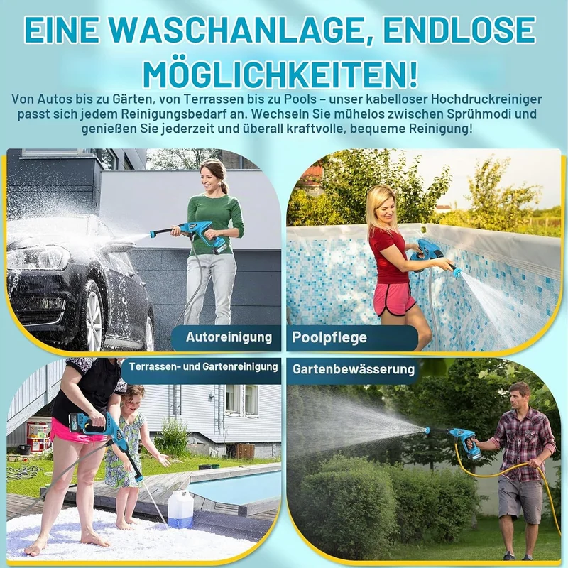 Akku Hochdruckreiniger, Mobiler Hochdruckreiniger mit 2 Akku, Pressure Washer mit 6-In-1 Multifunkti