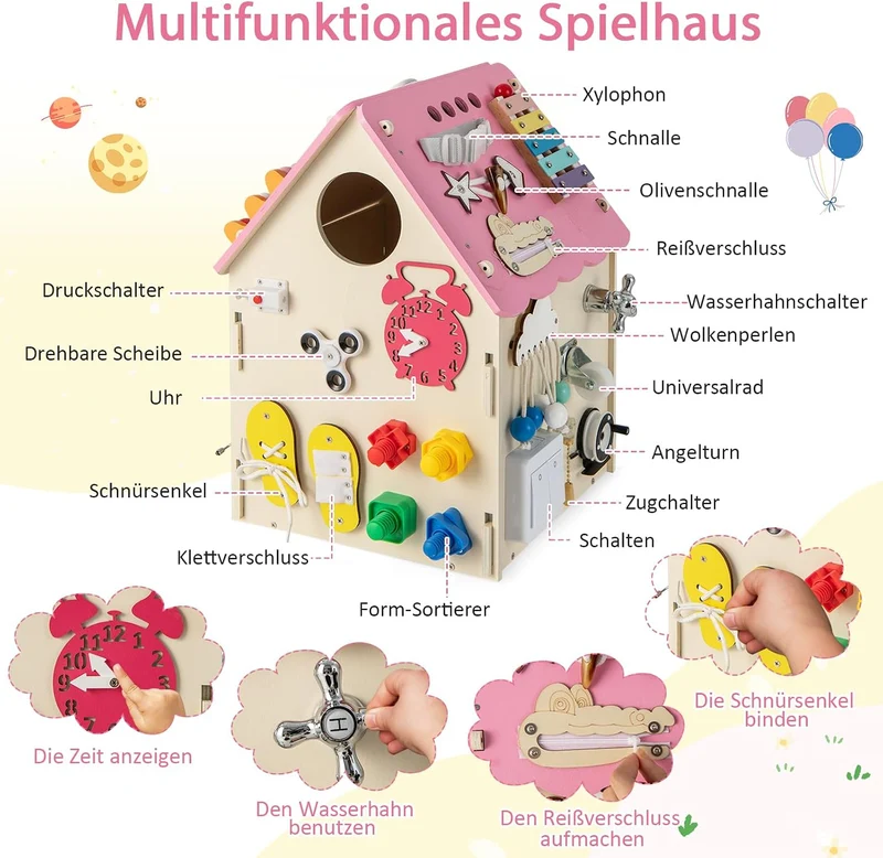 GOPLUS Kinder Spielhaus aus Holz, pädagogisches Kinderspielhaus mit 33 Komponenten, Montessori Spiel