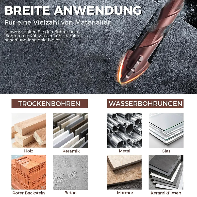 Fliesenbohrer Set 10 tlg, Steinbohrer Set mit Kobalt, Glasbohrer set 3-12mm, 6,35 mm Sechskantschaft
