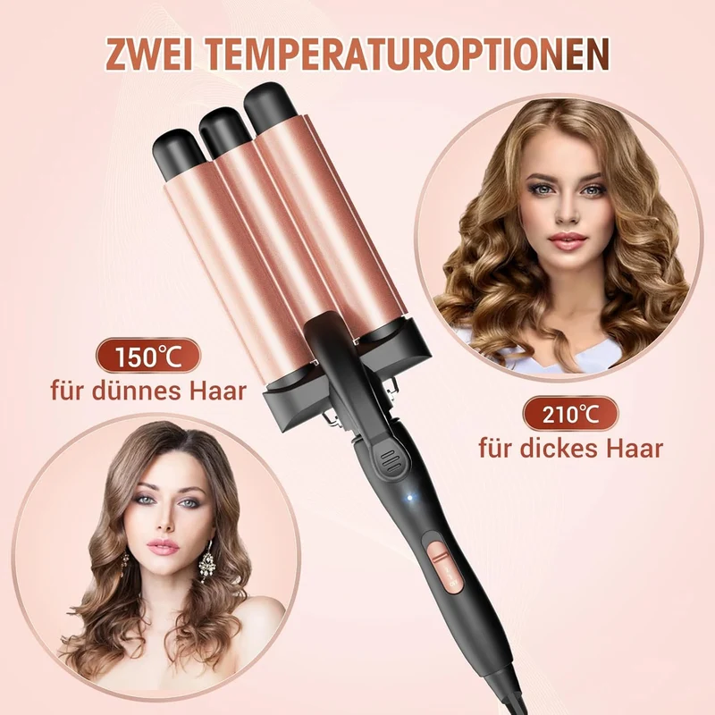 Lockenstab 3 Fässer, Beach Waves Welleneisen mit einstellbarer Temperatur, PTC Schnellheizung Schnel