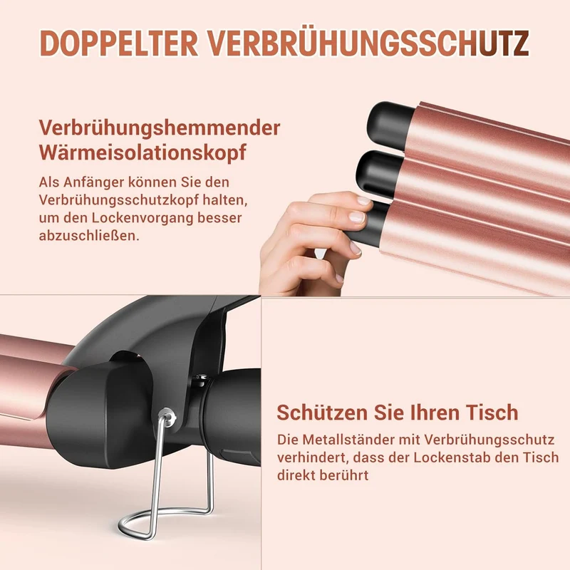 Lockenstab 3 Fässer, Beach Waves Welleneisen mit einstellbarer Temperatur, PTC Schnellheizung Schnel