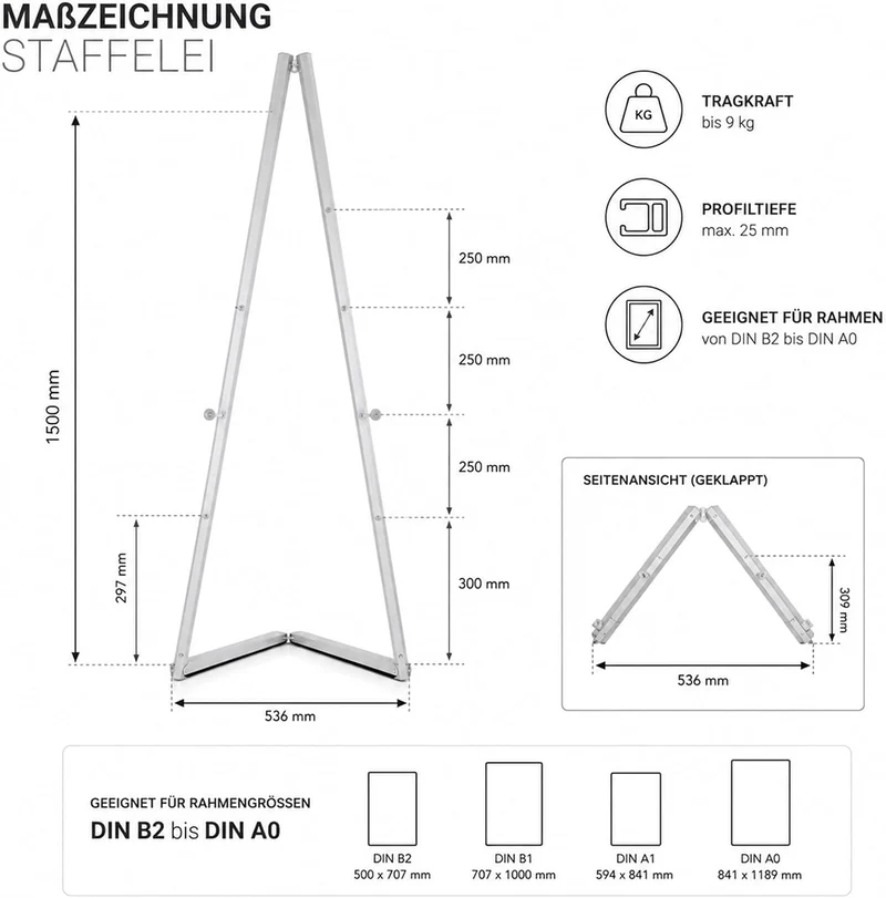 DISPLAY SALES Alu-Staffelei in Weiss für Rahmen bis 120 cm | Künstler-Malständer für Leinwand und At