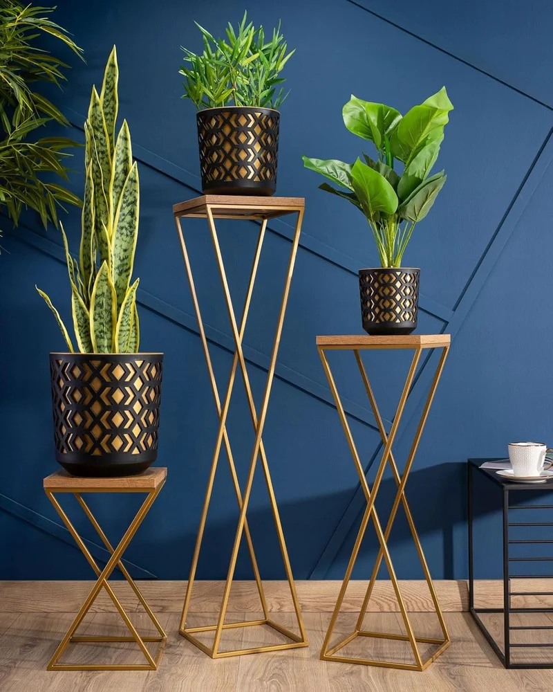 Pflanzenständer Metall 100 cm Hoch - Stabiler und Fester Blumenhocker mit Eiche Optik MDF-Platte auf