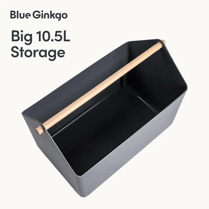 BLUE GINKGO Grosse Aufbewahrungskiste – Kunststoff-Caddy mit Holzgriff für Bad, Vorratsraum oder Rei