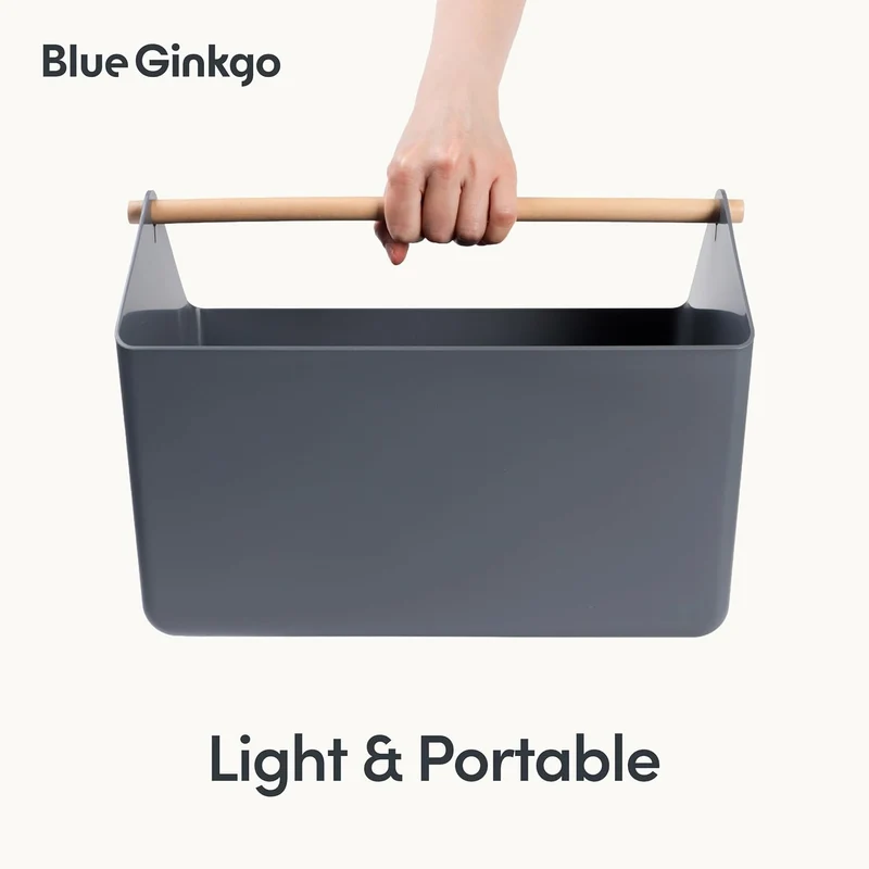 BLUE GINKGO Grosse Aufbewahrungskiste – Kunststoff-Caddy mit Holzgriff für Bad, Vorratsraum oder Rei