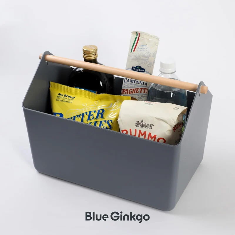 BLUE GINKGO Grosse Aufbewahrungskiste – Kunststoff-Caddy mit Holzgriff für Bad, Vorratsraum oder Rei