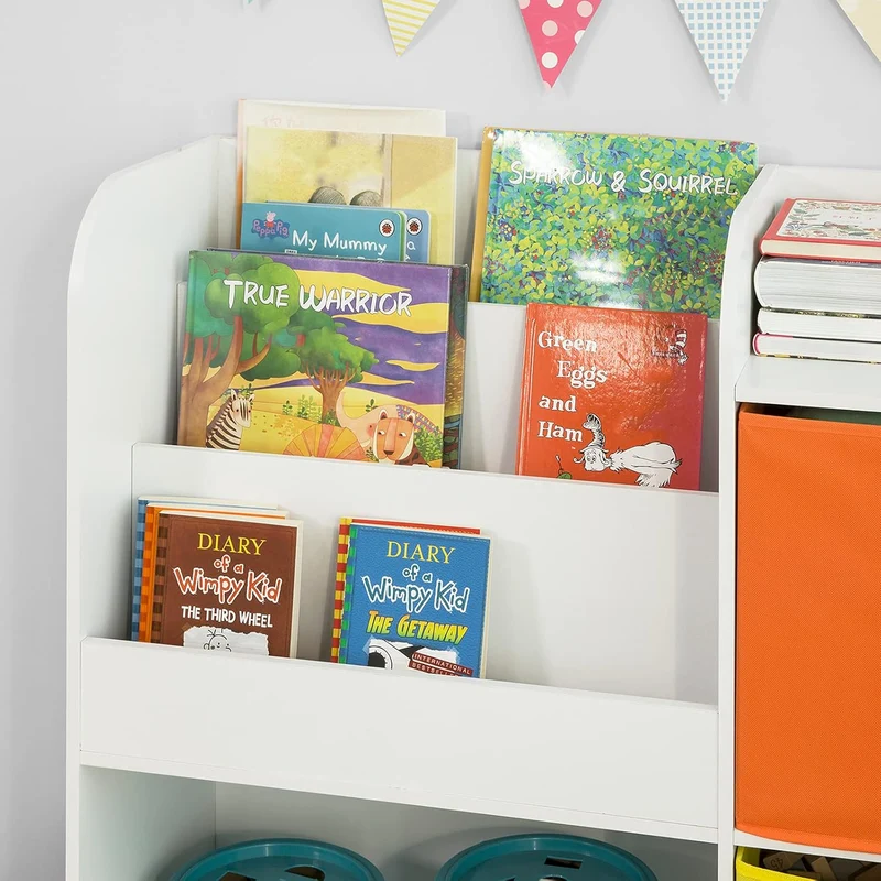 SoBuy KMB37-W Kinder Bücherregal Kinderregal mit 5 Ablagefächern und 2 Stoffboxen Spielzeugregal Auf